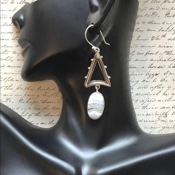 Artisan Ethnic Jewelry - Modern Blue Lace Agate Triangle Dangle Earrings